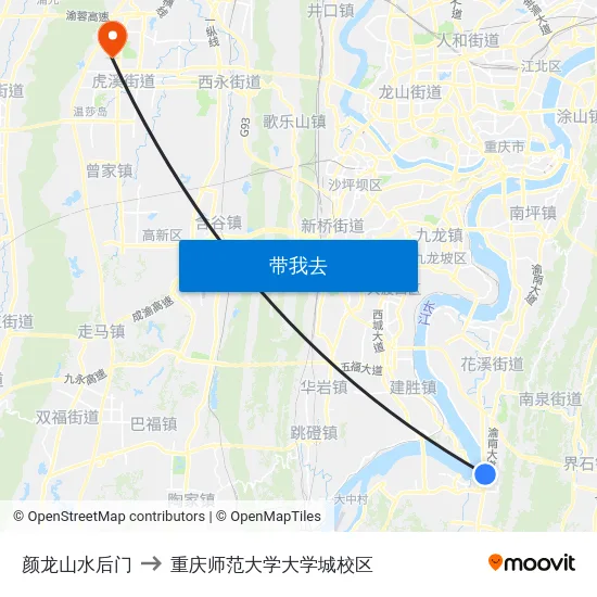 颜龙山水后门 to 重庆师范大学大学城校区 map