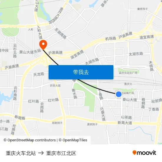重庆火车北站 to 重庆市江北区 map