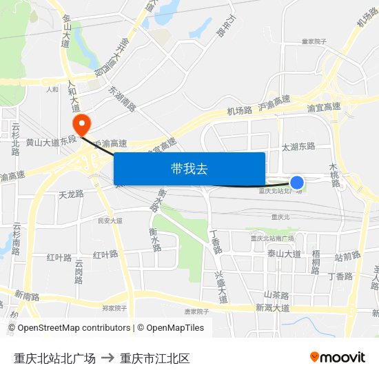 重庆北站北广场 to 重庆市江北区 map
