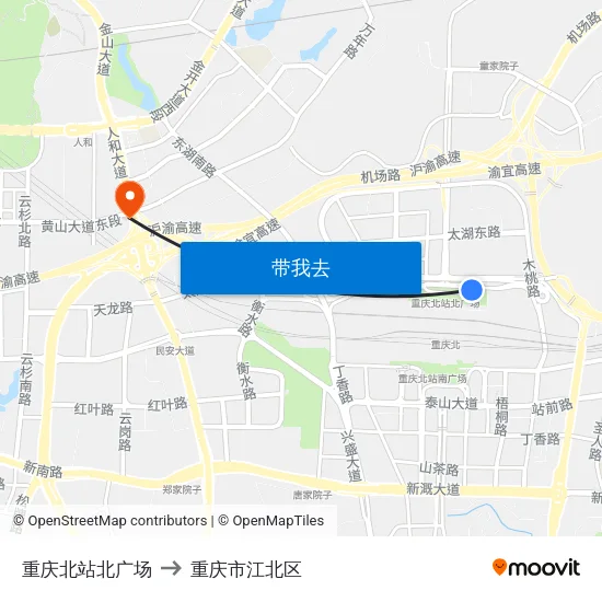 重庆北站北广场 to 重庆市江北区 map