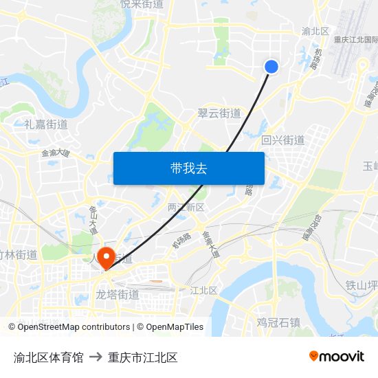 渝北区体育馆 to 重庆市江北区 map