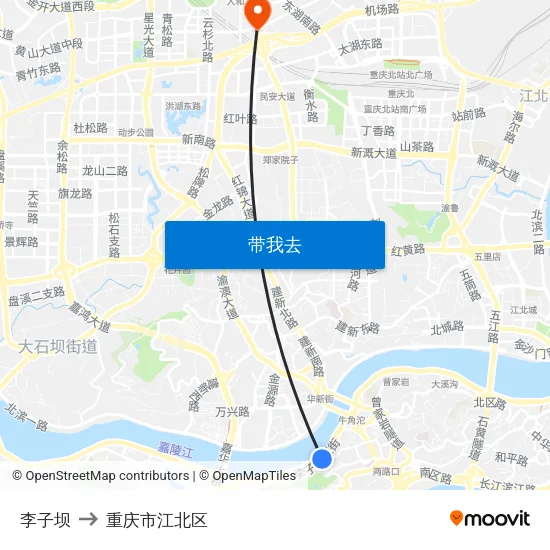 李子坝 to 重庆市江北区 map