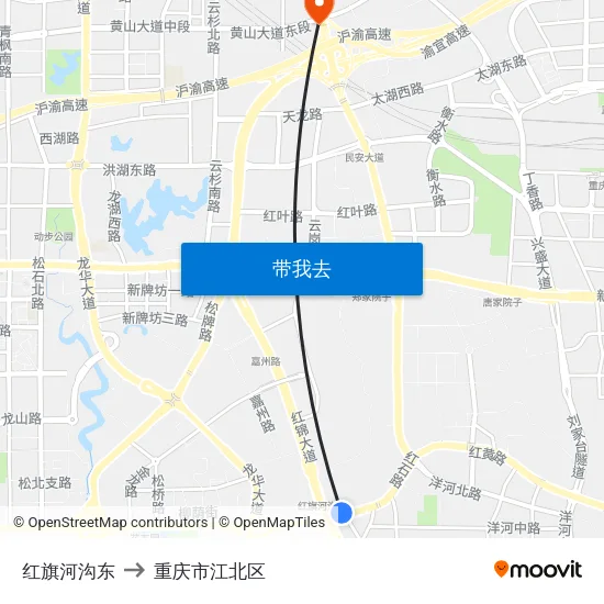红旗河沟东 to 重庆市江北区 map