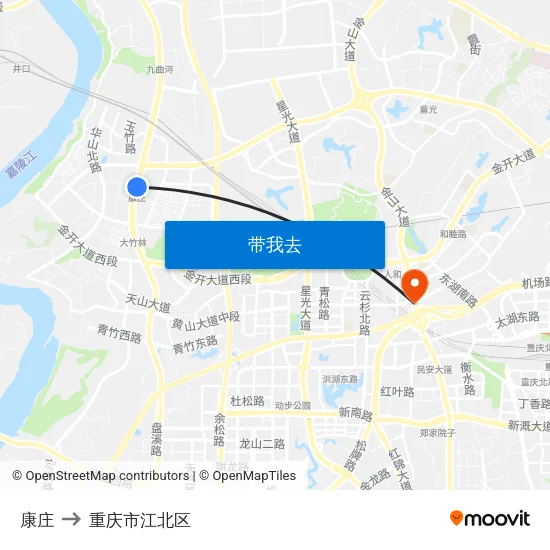 康庄 to 重庆市江北区 map