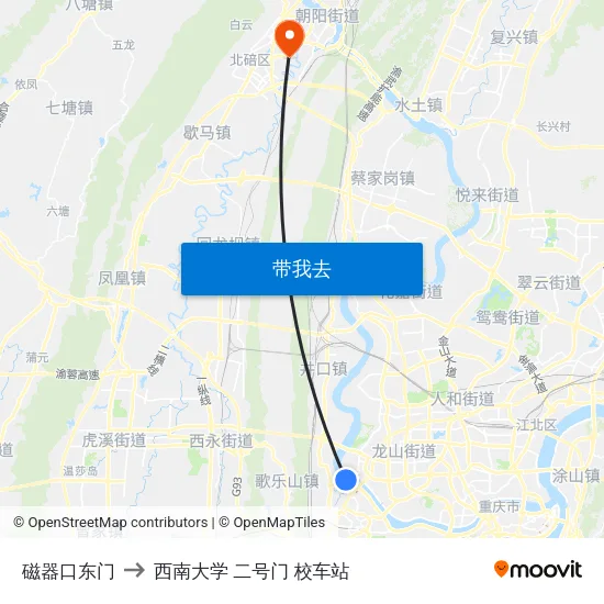 磁器口东门 to 西南大学 二号门 校车站 map