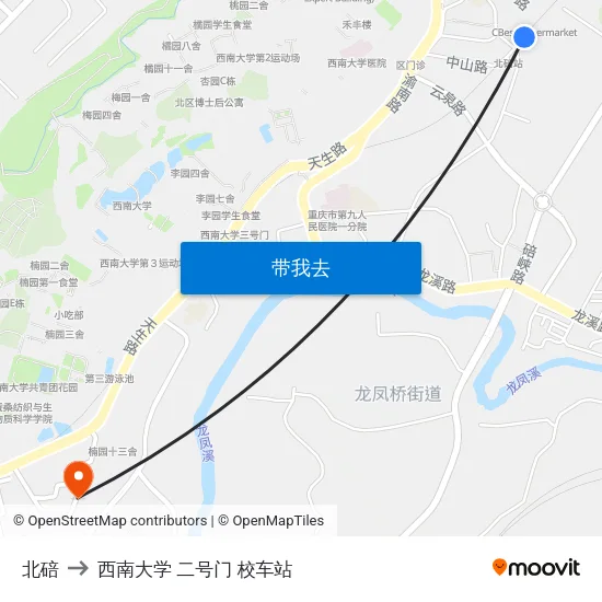北碚 to 西南大学 二号门 校车站 map