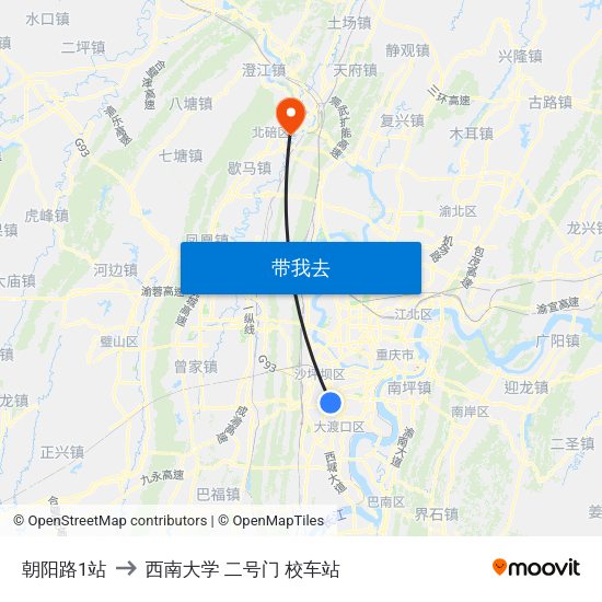 朝阳路1站 to 西南大学 二号门 校车站 map