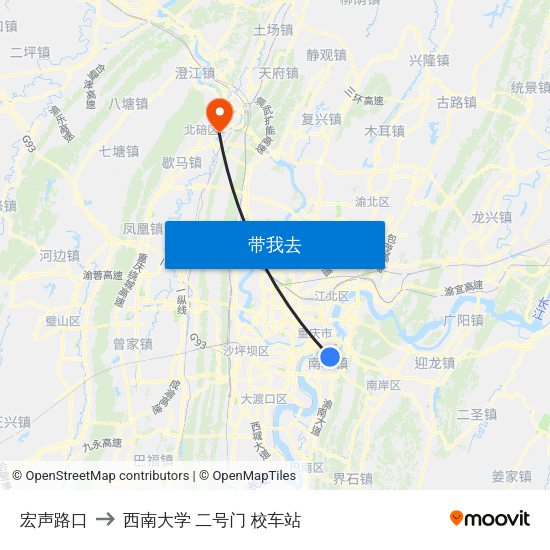 宏声路口 to 西南大学 二号门 校车站 map