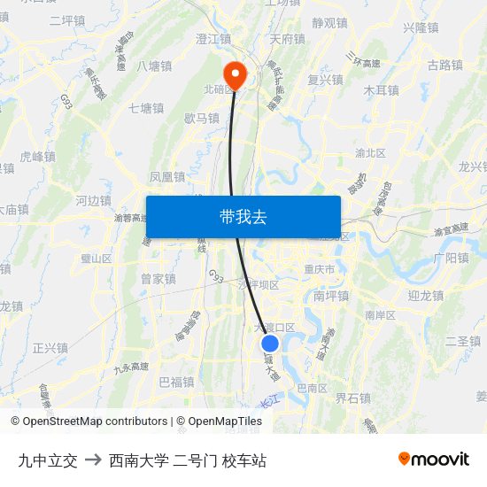 九中立交 to 西南大学 二号门 校车站 map