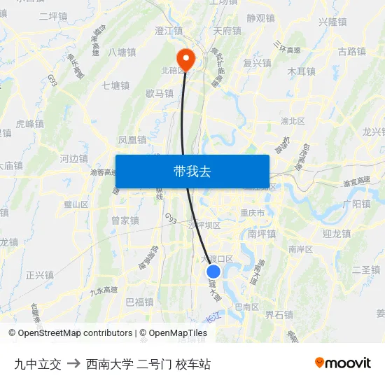 九中立交 to 西南大学 二号门 校车站 map