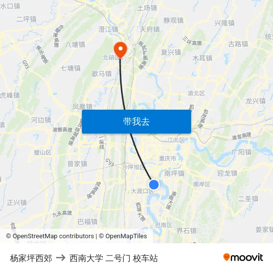 杨家坪西郊 to 西南大学 二号门 校车站 map