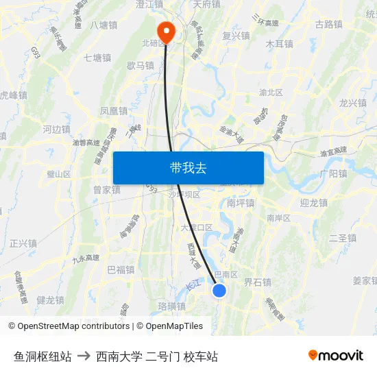 鱼洞枢纽站 to 西南大学 二号门 校车站 map