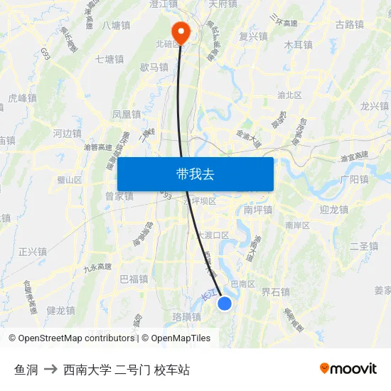 鱼洞 to 西南大学 二号门 校车站 map