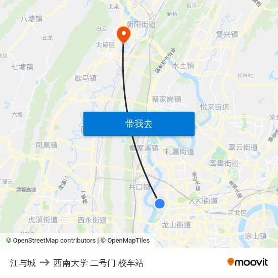 江与城 to 西南大学 二号门 校车站 map
