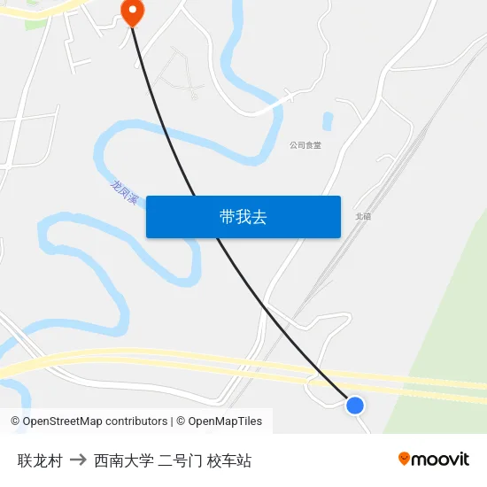 联龙村 to 西南大学 二号门 校车站 map