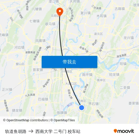 轨道鱼胡路 to 西南大学 二号门 校车站 map