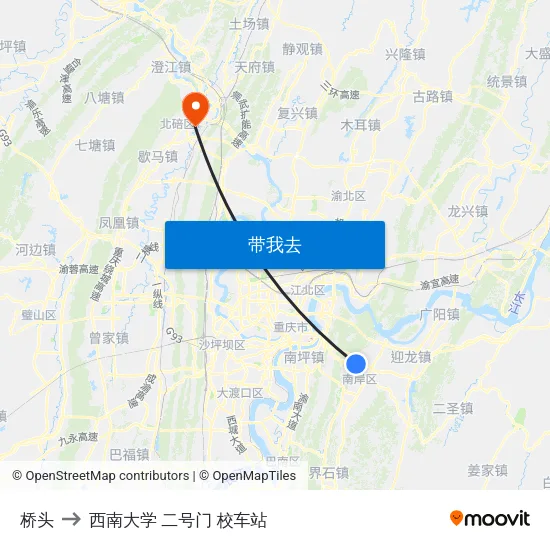 桥头 to 西南大学 二号门 校车站 map