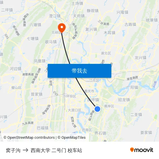 窝子沟 to 西南大学 二号门 校车站 map