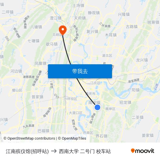 江南殡仪馆(招呼站) to 西南大学 二号门 校车站 map