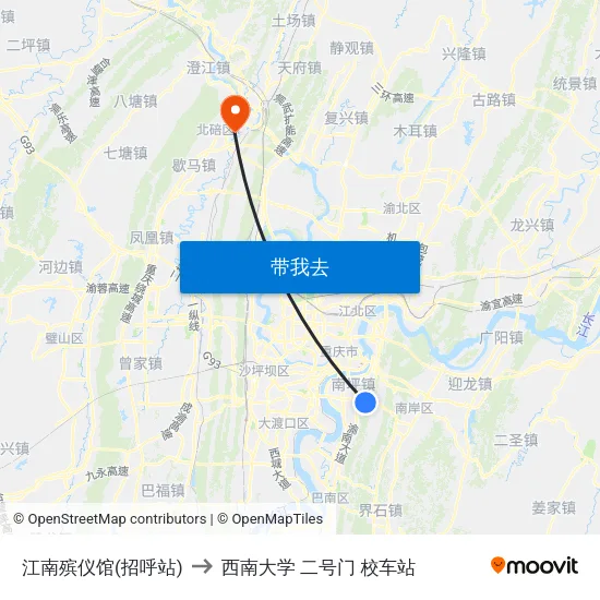 江南殡仪馆(招呼站) to 西南大学 二号门 校车站 map