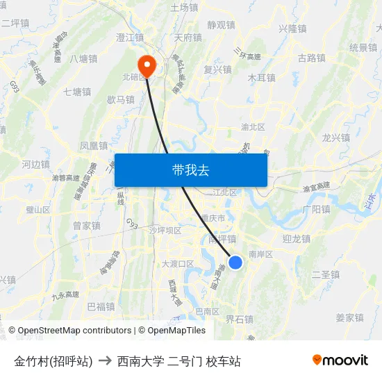 金竹村(招呼站) to 西南大学 二号门 校车站 map