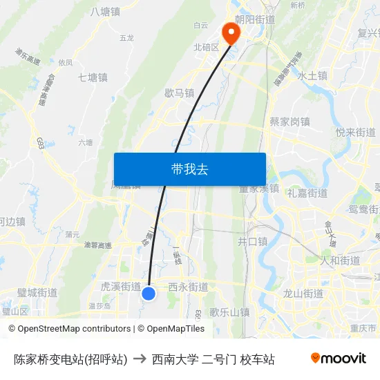 陈家桥变电站(招呼站) to 西南大学 二号门 校车站 map