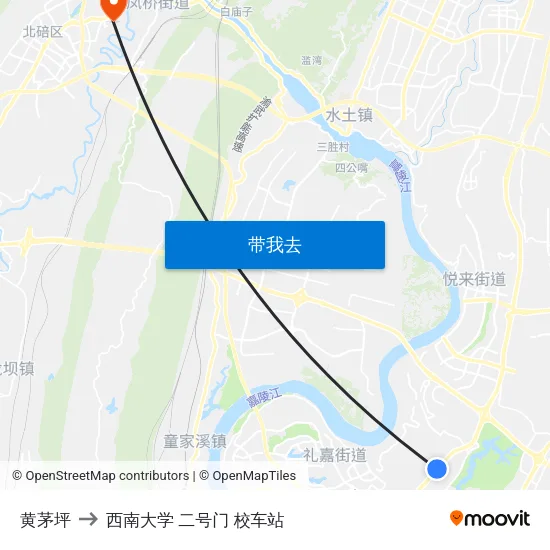 黄茅坪 to 西南大学 二号门 校车站 map