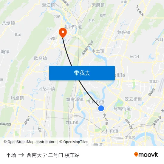 平场 to 西南大学 二号门 校车站 map
