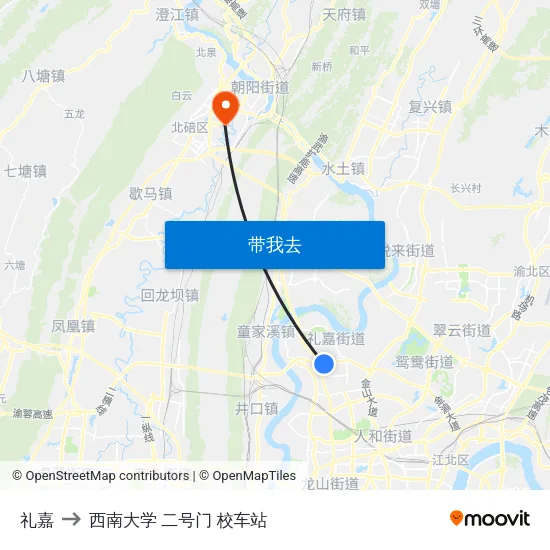 礼嘉 to 西南大学 二号门 校车站 map