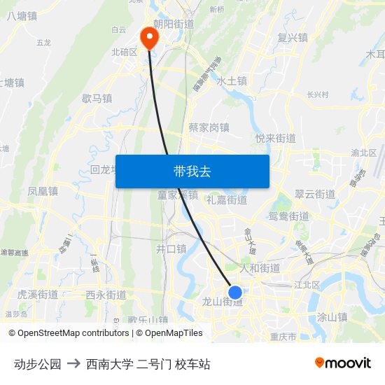 动步公园 to 西南大学 二号门 校车站 map