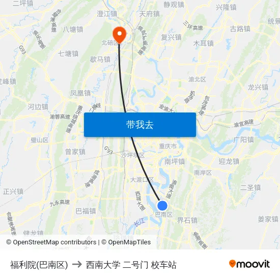 福利院(巴南区) to 西南大学 二号门 校车站 map