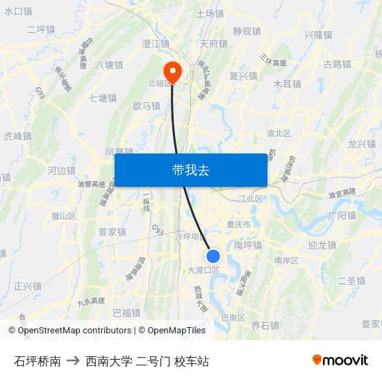 石坪桥南 to 西南大学 二号门 校车站 map