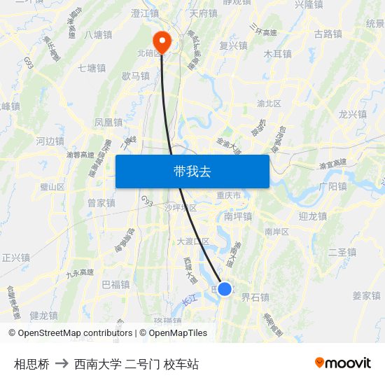 相思桥 to 西南大学 二号门 校车站 map