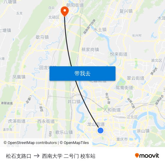松石支路口 to 西南大学 二号门 校车站 map