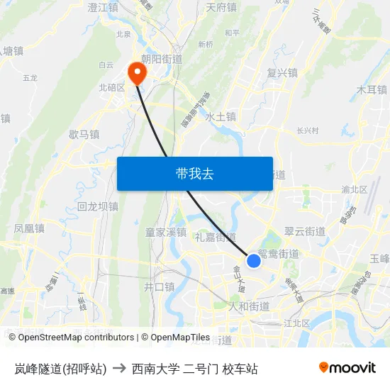 岚峰隧道(招呼站) to 西南大学 二号门 校车站 map