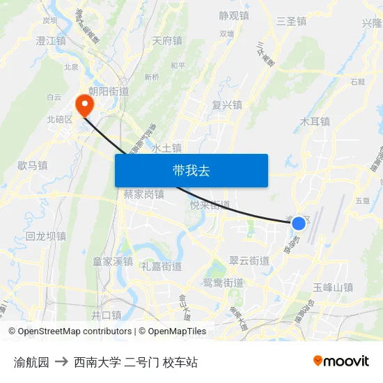 渝航园 to 西南大学 二号门 校车站 map
