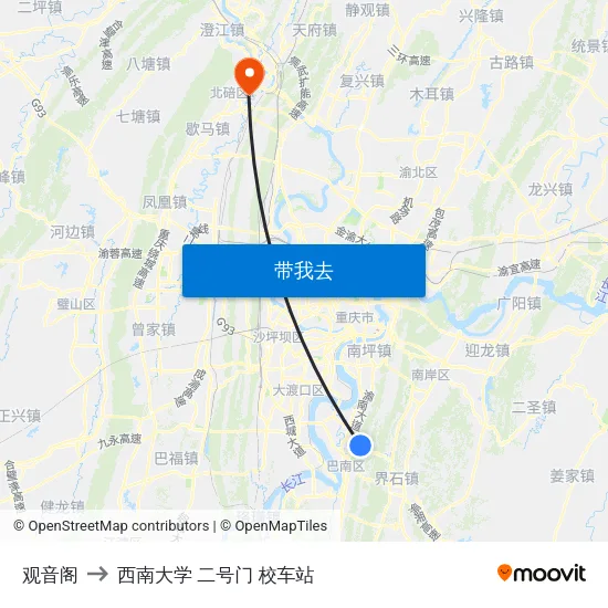 观音阁 to 西南大学 二号门 校车站 map