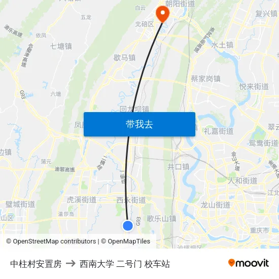 中柱村安置房 to 西南大学 二号门 校车站 map