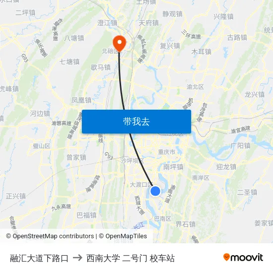 融汇大道下路口 to 西南大学 二号门 校车站 map