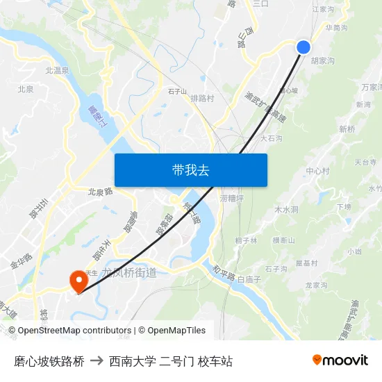 磨心坡铁路桥 to 西南大学 二号门 校车站 map