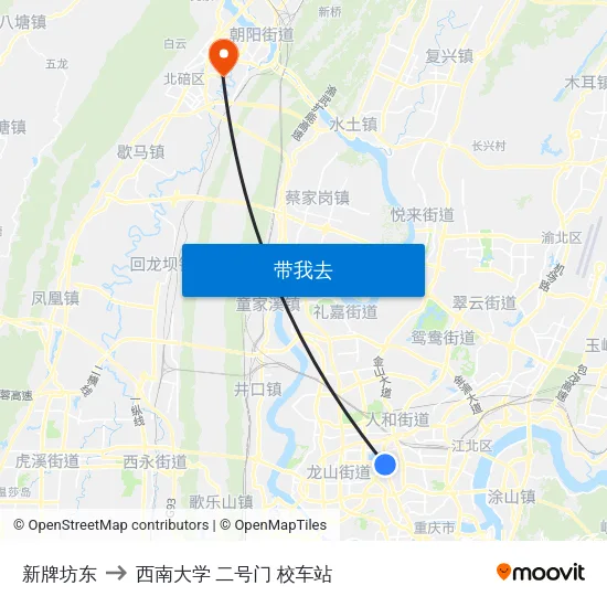 新牌坊东 to 西南大学 二号门 校车站 map