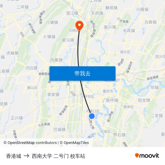 香港城 to 西南大学 二号门 校车站 map