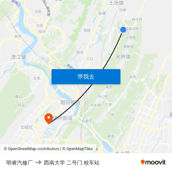 明睿汽修厂 to 西南大学 二号门 校车站 map