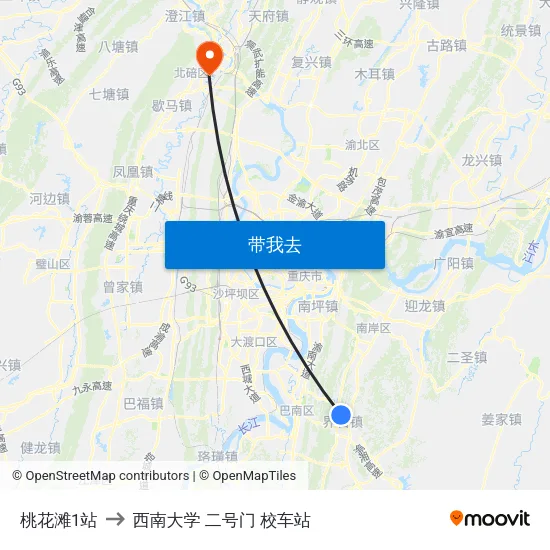 桃花滩1站 to 西南大学 二号门 校车站 map