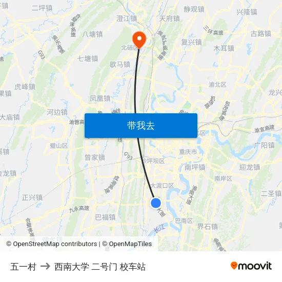 五一村 to 西南大学 二号门 校车站 map