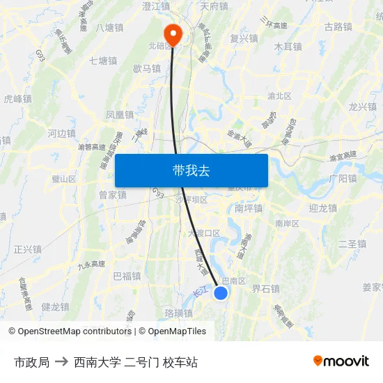 市政局 to 西南大学 二号门 校车站 map