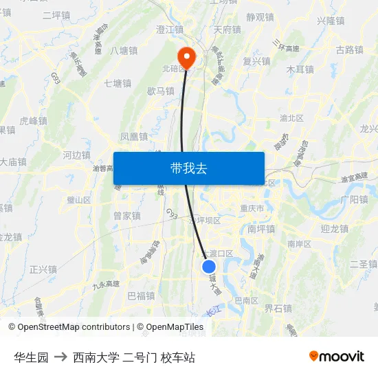 华生园 to 西南大学 二号门 校车站 map