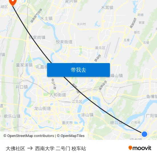 大佛社区 to 西南大学 二号门 校车站 map