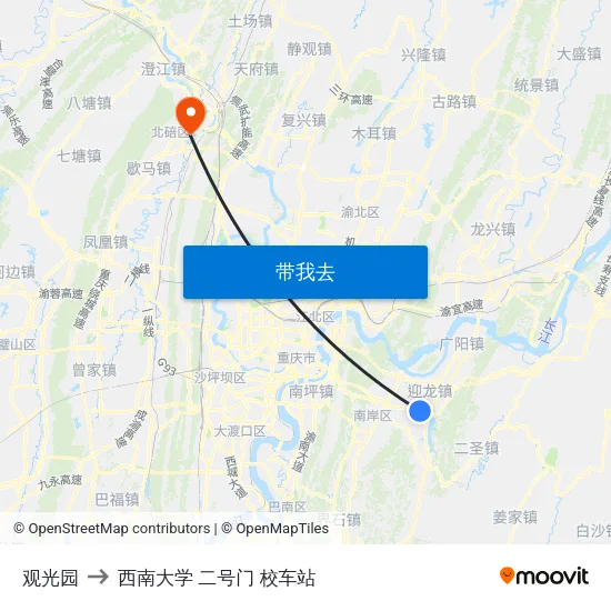 观光园 to 西南大学 二号门 校车站 map