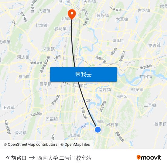 鱼胡路口 to 西南大学 二号门 校车站 map